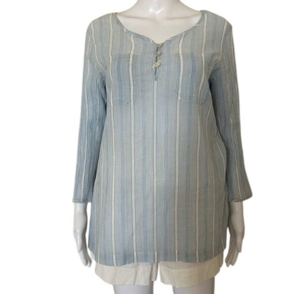 Lauren Ralph Lauren Blue and White Striped Crinkled Cotton Tunic Top Size M